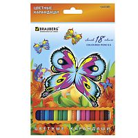 Карандаши цветные BRAUBERG "Wonderful butterfly", 18 цветов, заточенные, картонная упаковка с блестк